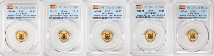 42) (5) 2022M Spain 15 Euro Cent Reverse Proof Lynx Gold Doubloon Coins PCGS PR69 FDOI