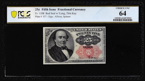47) 1874 Fifth Issue Twenty-Five Cents Fractional Currency Note Fr.1308 PCGS Choice Unc 64