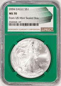 52) 2004 $1 American Silver Eagle Coin NGC MS70 From US Mint Sealed Box Green Core
