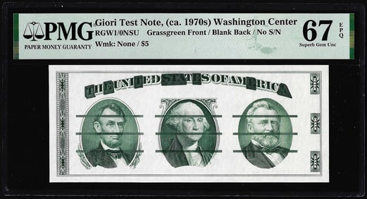 56) Circa 1970's Washington Center Giori Test Note PMG Superb Gem Uncirculated 67EPQ