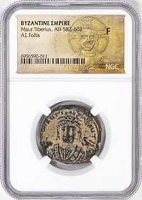 58) Byzantine Empire 582-602 AD Maur. Tiberius AE Follis Ancient Coin NGC F