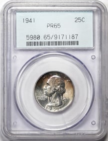 61) 1941 Proof Washington Quarter Coin PCGS PR65 Old Green Holder