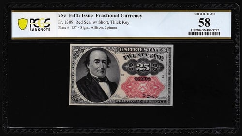 62) 1874 Fifth Issue Twenty-Five Cents Fractional Currency Note Fr.1309 PCGS Choice AU58