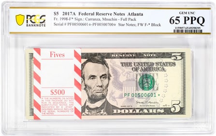 69) Pack of 2017A $5 Federal Reserve STAR Notes Atlanta Fr.1998-F* PCGS Gem UNC 65PPQ
