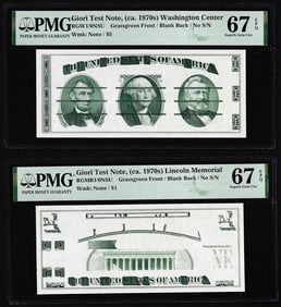 78) Set of Giori Test Note Washington & Lincoln Memorial PMG Superb Gem Unc 67EPQ
