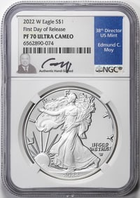 79) 2022-W $1 Proof American Silver Eagle Coin NGC PF70 Ultra Cameo FDOR Moy Signature