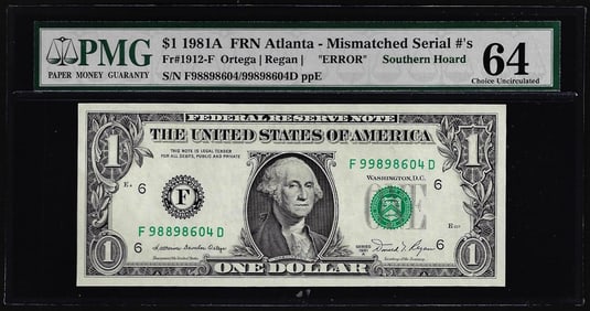 87) 1981A $1 Federal Reserve Note Atlanta Mismatched S/N Error PMG Choice Uncirculated 63