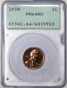 96) 1938 Proof Lincoln Wheat Cent Coin PCGS PR64RD Green Rattler Holder