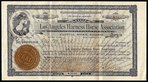 106) La Harness Horse Association $10,000 Capital Stock Certificate