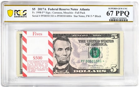 109) Pack 2017A $5 Federal Reserve STAR Notes Atlanta Fr.1998-F* PCGS Superb Gem UNC 67PPQ