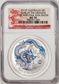 111) 2012-P Australia $1 Year Of The Dragon Colorized Silver Coin NGC MS70 Philly ANA Show