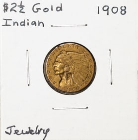 113) 1908 $2 1/2 Indian Head Quarter Eagle Gold Coin Ex Jewelry