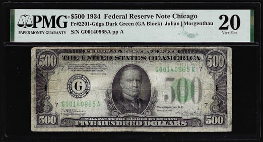 117) 1934 $500 Federal Reserve Note Chicago Fr.2201-G PMG Very Fine 20