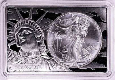 127) 1996 $1 American Silver Eagle Coin & 2oz Silver Bar Set