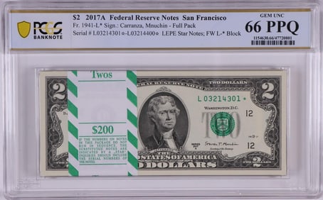 138) Pack of 2017A $2 Federal Reserve STAR Notes SF Fr.1941-L* PCGS Gem Uncirculated 66PPQ