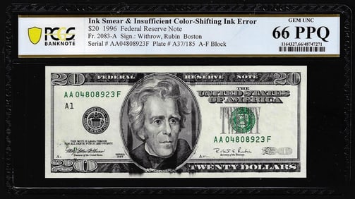 144) 1996 $20 Federal Reserve Note Ink Smear & Insufficient Color Error PCGS Gem Unc 66PPQ