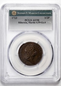 148) 1723 Half Penny Hibernia, Martin Colonial Copper Coin Sydney F. Martin Col. PCGS AU58