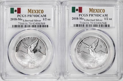 152) Lot of (2) 2018-Mo Mexico Proof 1/2 oz Silver Libertad Coins PCGS PR70DCAM