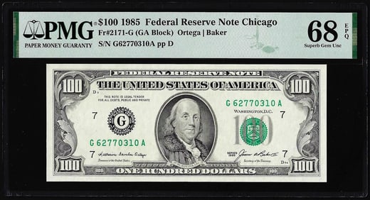 153) 1985 $100 Federal Reserve Note Chicago Fr.2171-G PMG Superb Gem Uncirculated 68EPQ