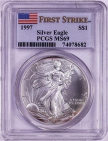 154) 1997 $1 American Silver Eagle Coin PCGS MS69 First Strike