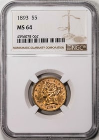 157) 1893 $5 Liberty Head Half Eagle Gold Coin NGC MS64