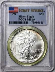 164) 1994 $1 American Silver Eagle Coin PCGS MS69 First Strike