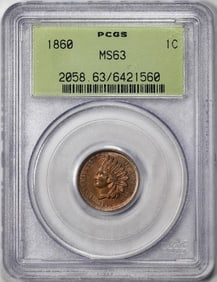 165) 1860 Indian Cent Coin PCGS MS63 Old Green Holder