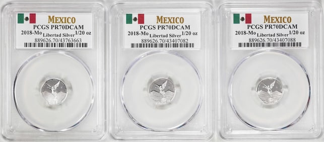 173) Lot of (3) 2018-Mo Mexico Proof 1/20 oz Silver Libertad Coins PCGS PR70DCAM