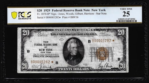 175) 1929 $20 Federal Reserve Bank STAR Note New York Fr.1870-B* PCGS Very Fine 25
