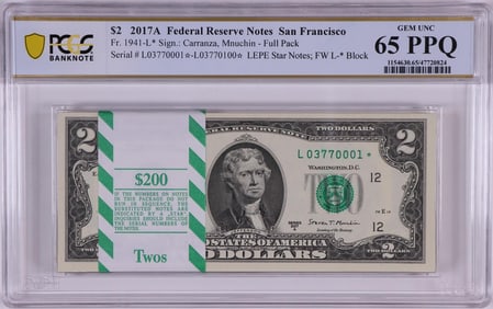 178) Pack 2017A $2 Federal Reserve STAR Notes San Francisco Fr.1941-L* PCGS Gem UNC 65PPQ