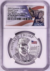 188) 2020 Cameroon 1000 Francs High Relief Donald Trump Silver Coin NGC PF70 Ultra Cameo