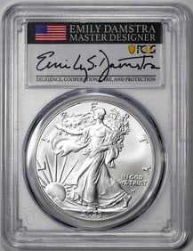 189) 2023 $1 American Silver Eagle Coin PCGS MS70 First Day of Issue Damstra Signature