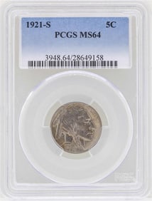 193) 1921-S Buffalo Nickel Coin PCGS MS64