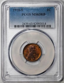 196) 1910-S Lincoln Wheat Cent Coin PCGS MS63RB