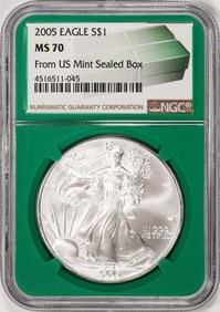 200) 2005 $1 American Silver Eagle Coin NGC MS70 From US Mint Sealed Box Green Core