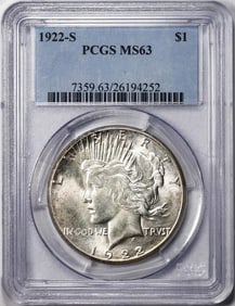 203) 1922-S $1 Peace Silver Dollar Coin PCGS MS63