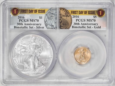 206) 2016 $1 American Silver & $5 Gold Eagle 30th Anniversary Bimetallic Set PCGS MS70 FDOI