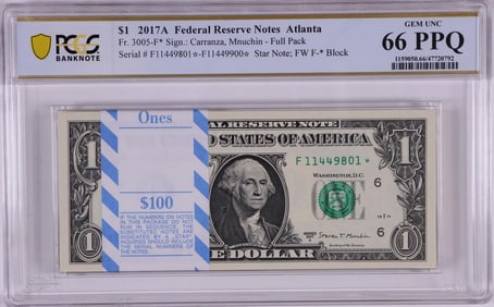 207) Pack of 2017A $1 Federal Reserve STAR Notes Atlanta Fr.3005-F* PCGS Gem UNC 66PPQ