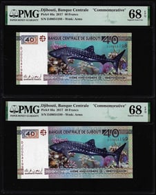216) (2) Consecutive 2017 Djibouti 40 Francs Bank Notes PMG Superb Gem Uncirculated 68EPQ