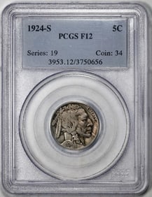 217) 1924-S Buffalo Nickel Cent Coin PCGS F12