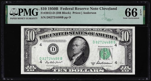 223) 1950B $10 Federal Reserve Note Cleveland Fr.2012-D PMG Gem Uncirculated 66EPQ