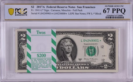 229) Pack of 2017A $2 Federal Reserve STAR Notes SF Fr.1941-L* PCGS Superb Gem UNC 67PPQ