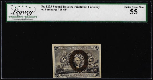 238) 1863 Second Issue 5 Cents Fractional Currency Note Fr.1233 Legacy Choice About New 55