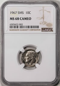 240) 1967 SMS Roosevelt Dime Coin NGC MS68 Cameo