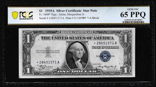 244) 1935A $1 Silver Certificate STAR Note Fr.1608* PCGS Gem Uncirculated 65PPQ