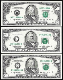 250) Lot of (3) 1993 $50 Federal Reserve Notes Minor Offset Error