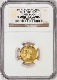 256) 2014 Niue $25 Proof Disney Characters Daisy Duck Gold Coin NGC PF70 Ultra Cameo W/ COA