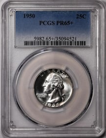 259) 1950 Proof Washington Quarter Coin PCGS PR65+
