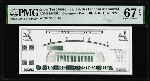 260) Circa 1970's Lincoln Memorial Giori Test Note PMG Superb Gem Uncirculated 67EPQ