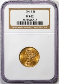 262) 1901-S $5 Liberty Head Half Eagle Gold Coin NGC MS62